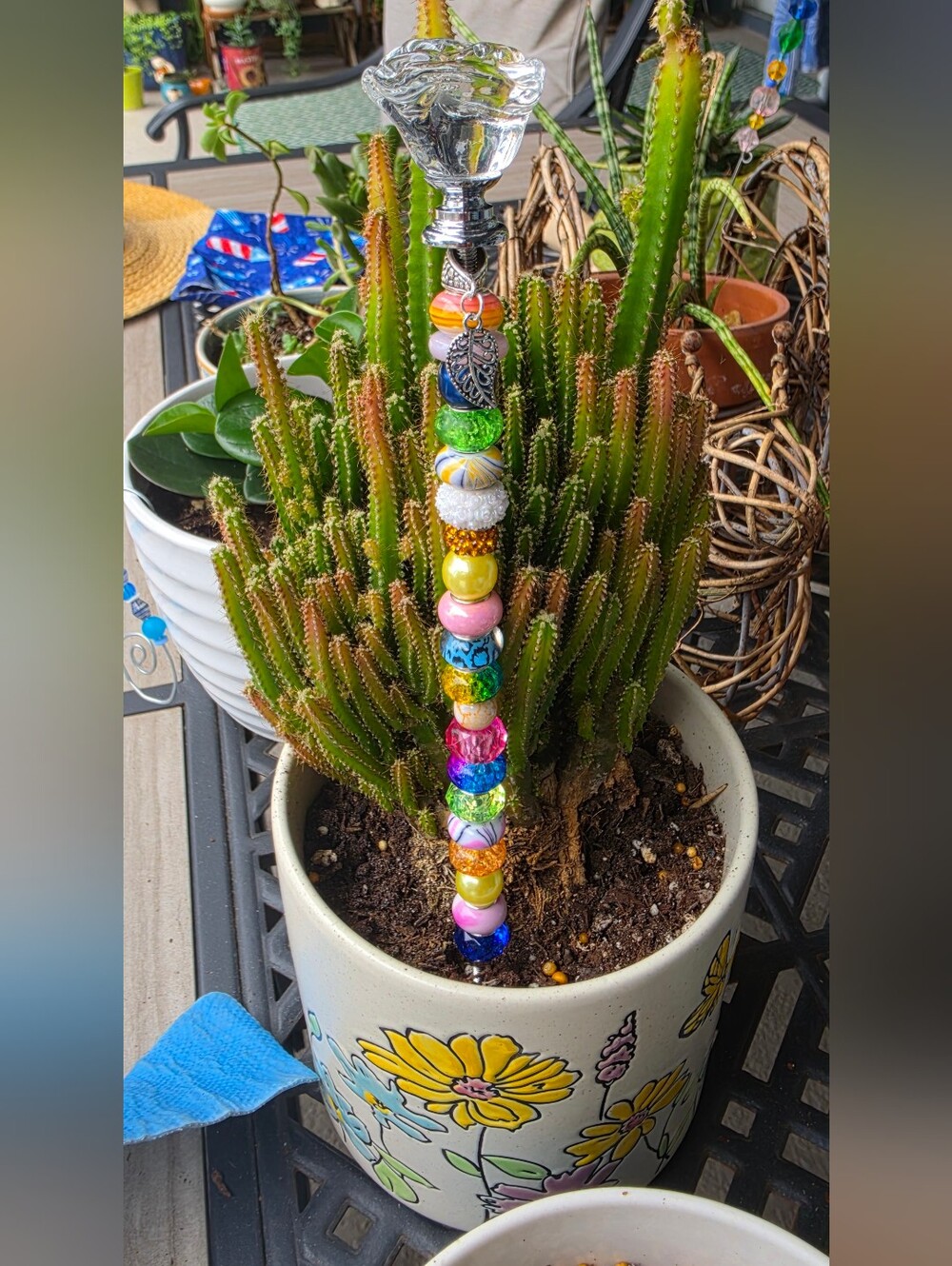 Handcrafted Multicolor Beaded Garden Stake/plant Stick With Leaf Charm